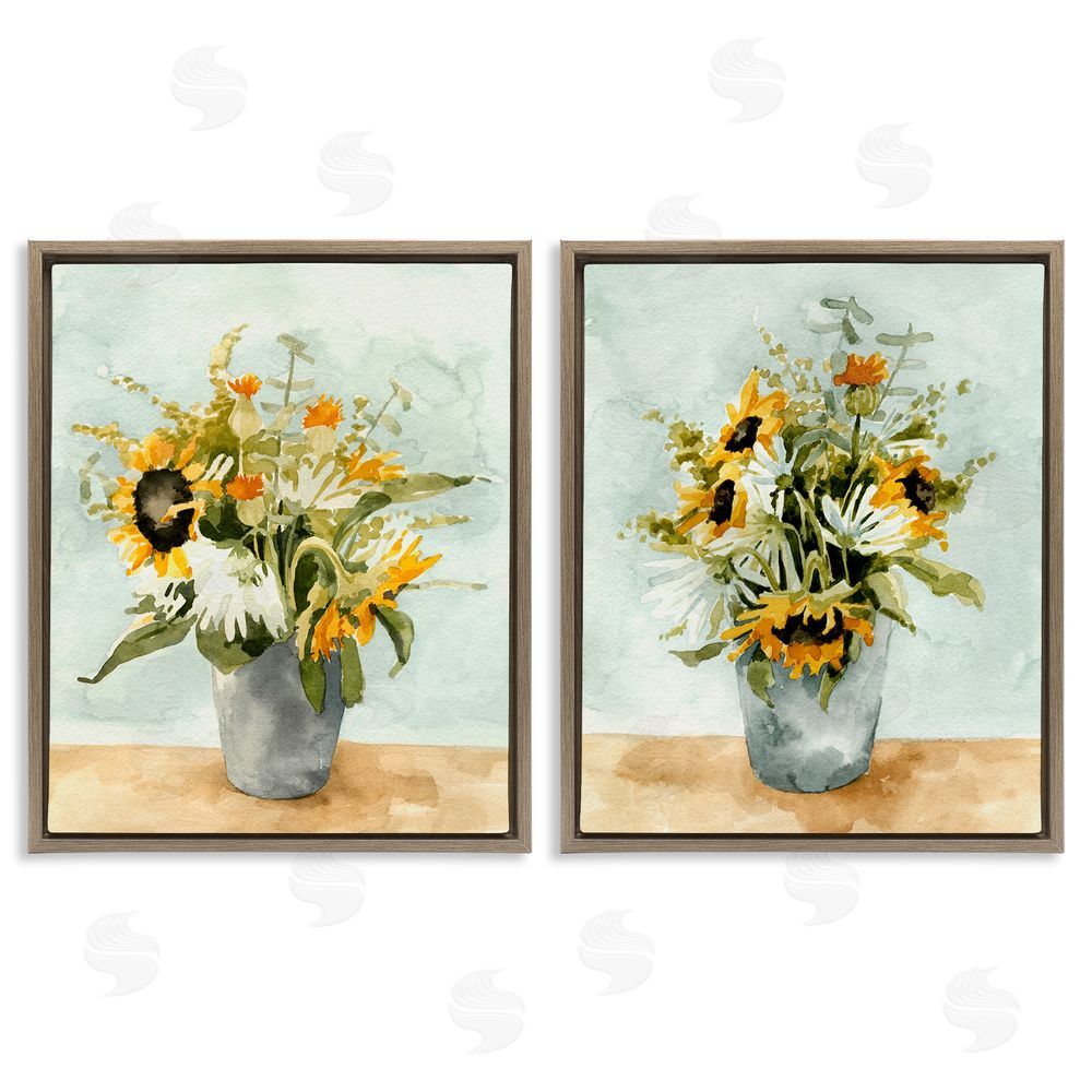 Emma Caroline Traditional Country Sunflower Bouquets Brown Floating Frame Canvas Wall Art Print