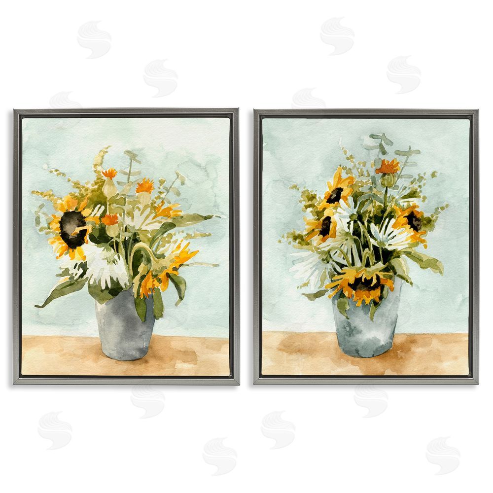 Emma Caroline Traditional Country Sunflower Bouquets Gray Floating Frame Canvas Wall Art Print