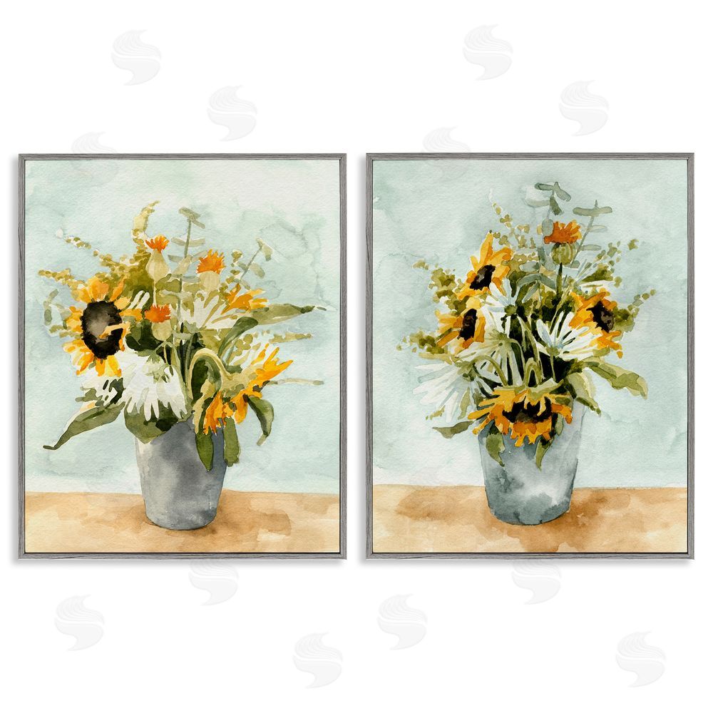 Emma Caroline Traditional Country Sunflower Bouquets Gray Framed Giclee Wall Art Print