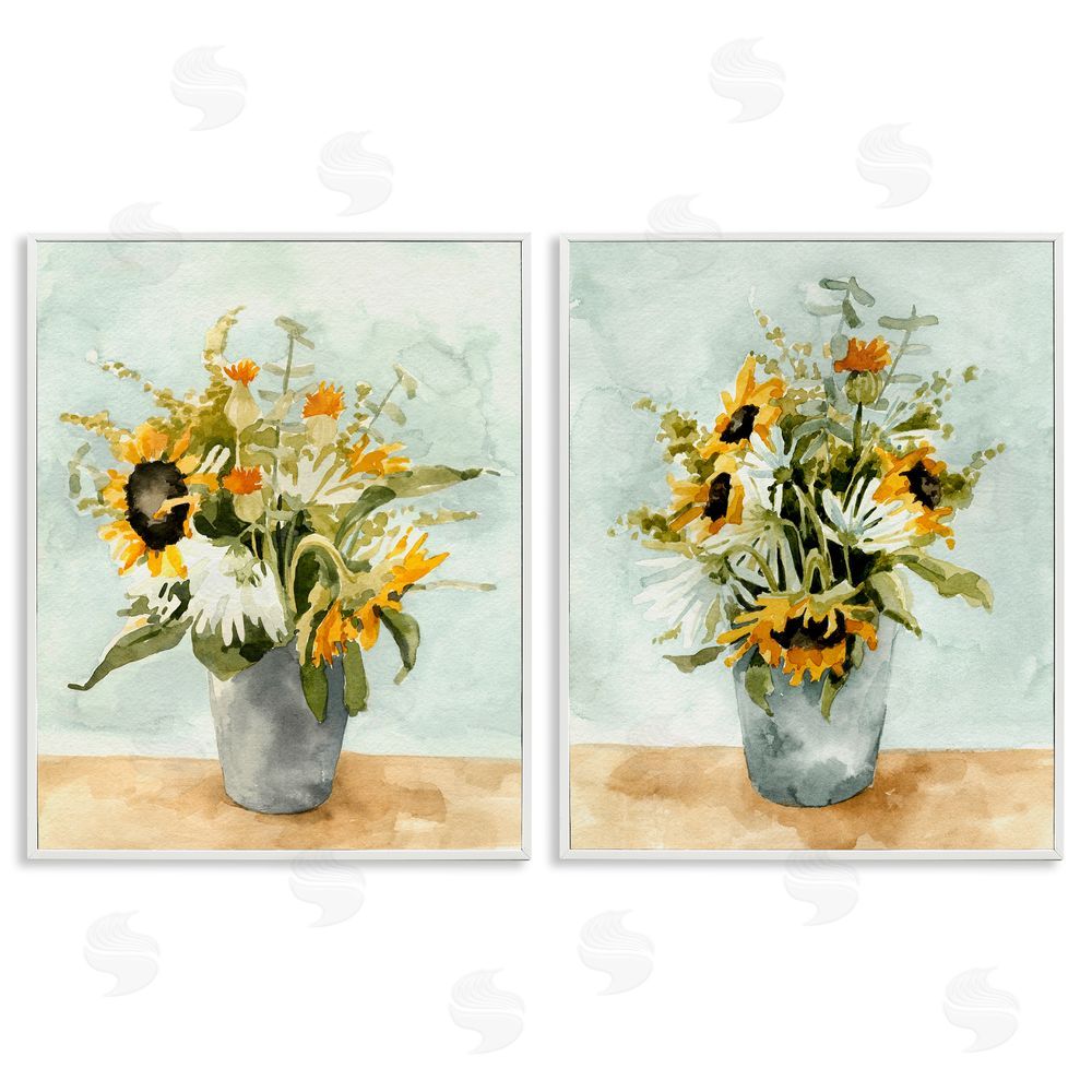 Emma Caroline Traditional Country Sunflower Bouquets White Framed Giclee Wall Art Print