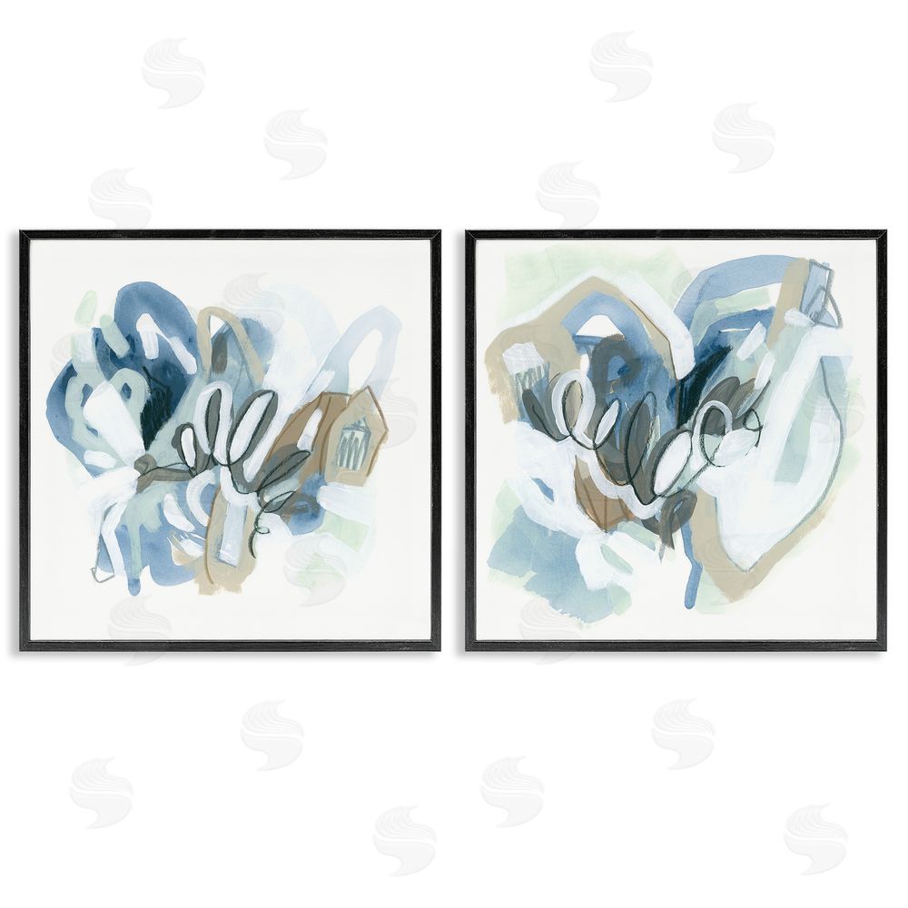 June Erica Vess Contemporary Blue Squiggle Composition Black Framed Giclee Wall Art Print