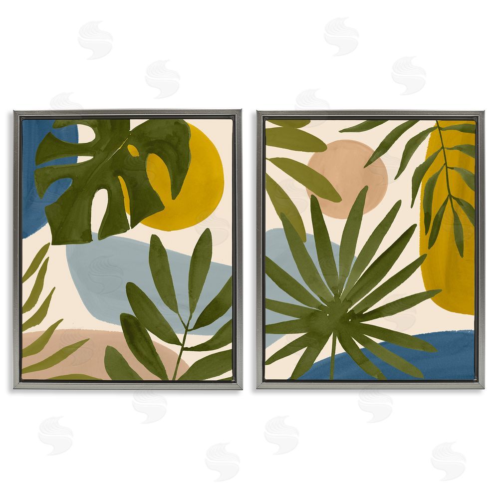 Victoria Barnes Tropical Bohemian Plant Leaves Gray Floating Frame Canvas Wall Art Print