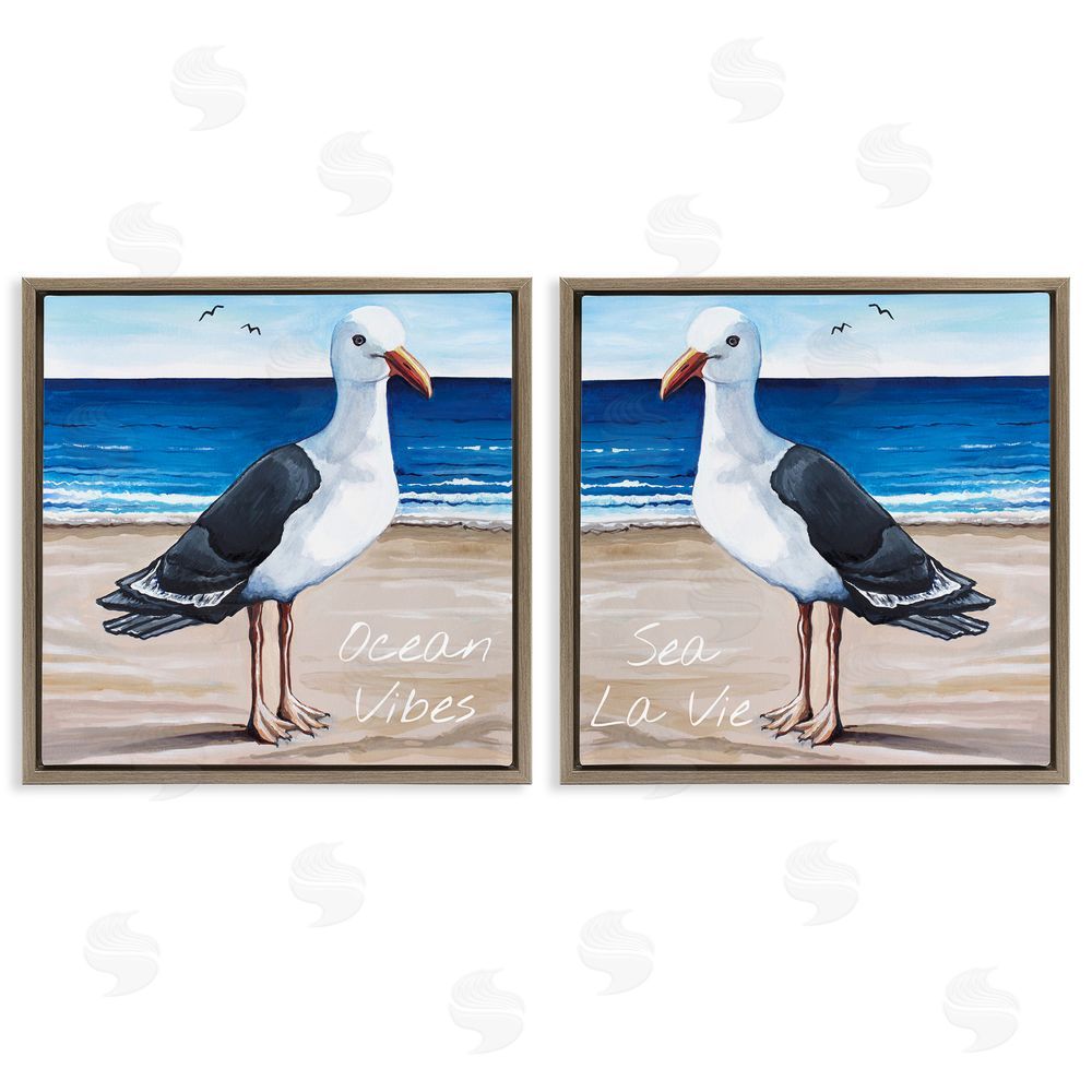 Elizabeth Tyndall Seagull Summer Beach Phrase  Brown Floating Frame Canvas Wall Art Print