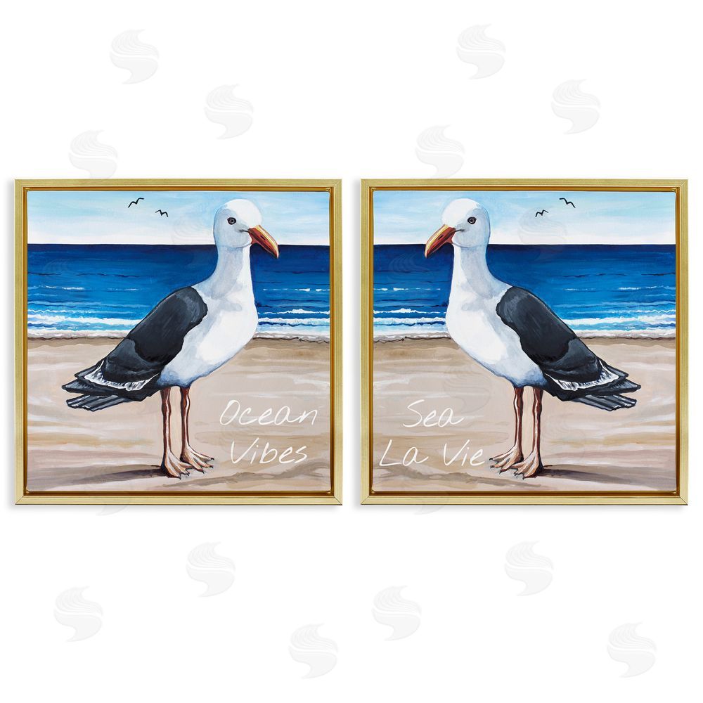 Elizabeth Tyndall Seagull Summer Beach Phrase  Gold Floating Frame Canvas Wall Art Print