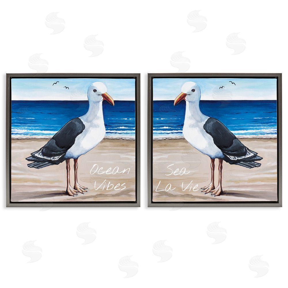 Elizabeth Tyndall Seagull Summer Beach Phrase  Gray Floating Frame Canvas Wall Art Print