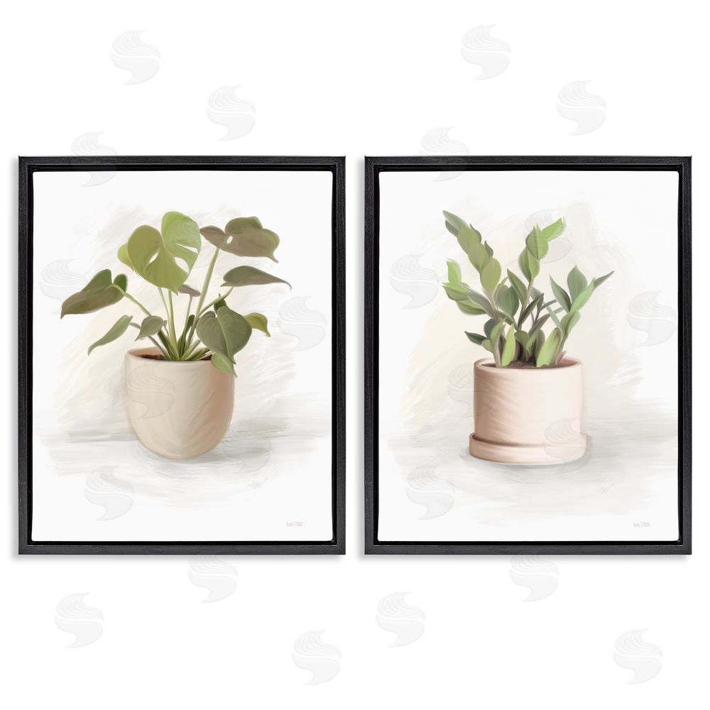 House Fenway Simple Cottage Potted Plants  Black Floating Frame Canvas Wall Art Print