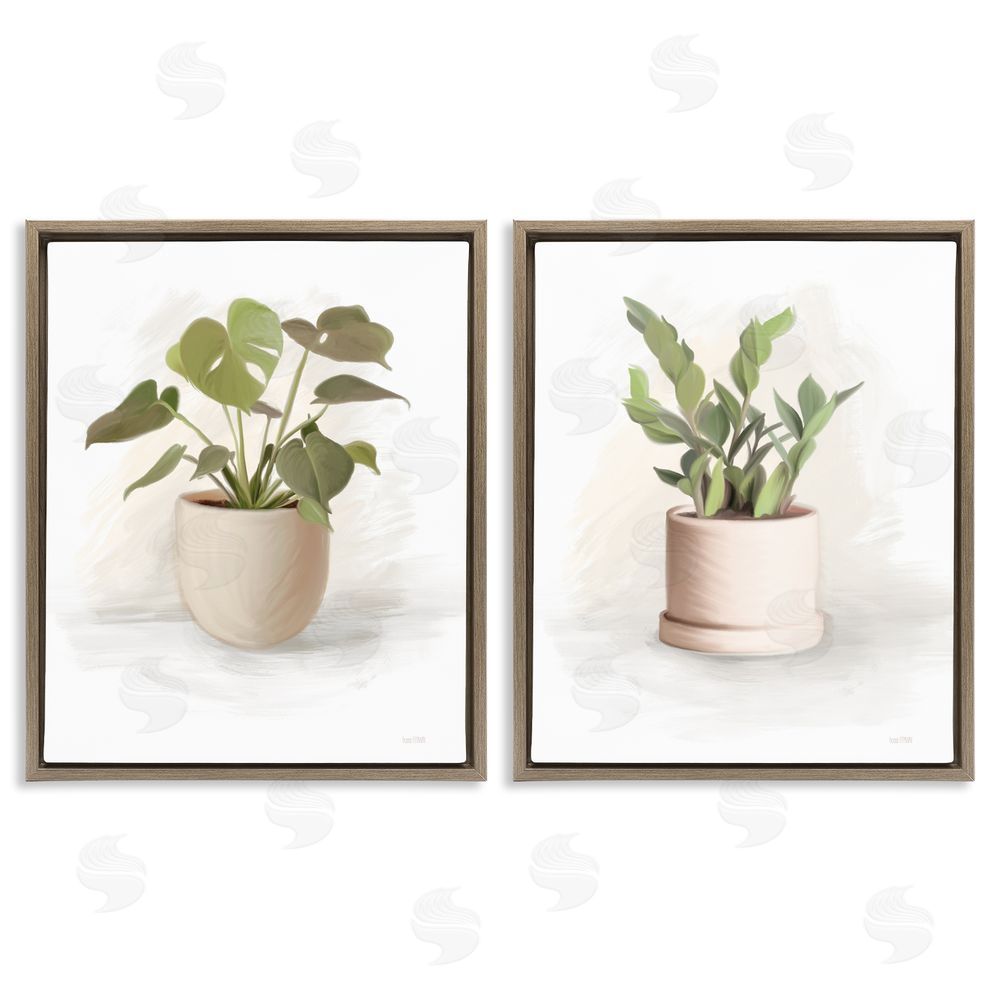 House Fenway Simple Cottage Potted Plants  Brown Floating Frame Canvas Wall Art Print