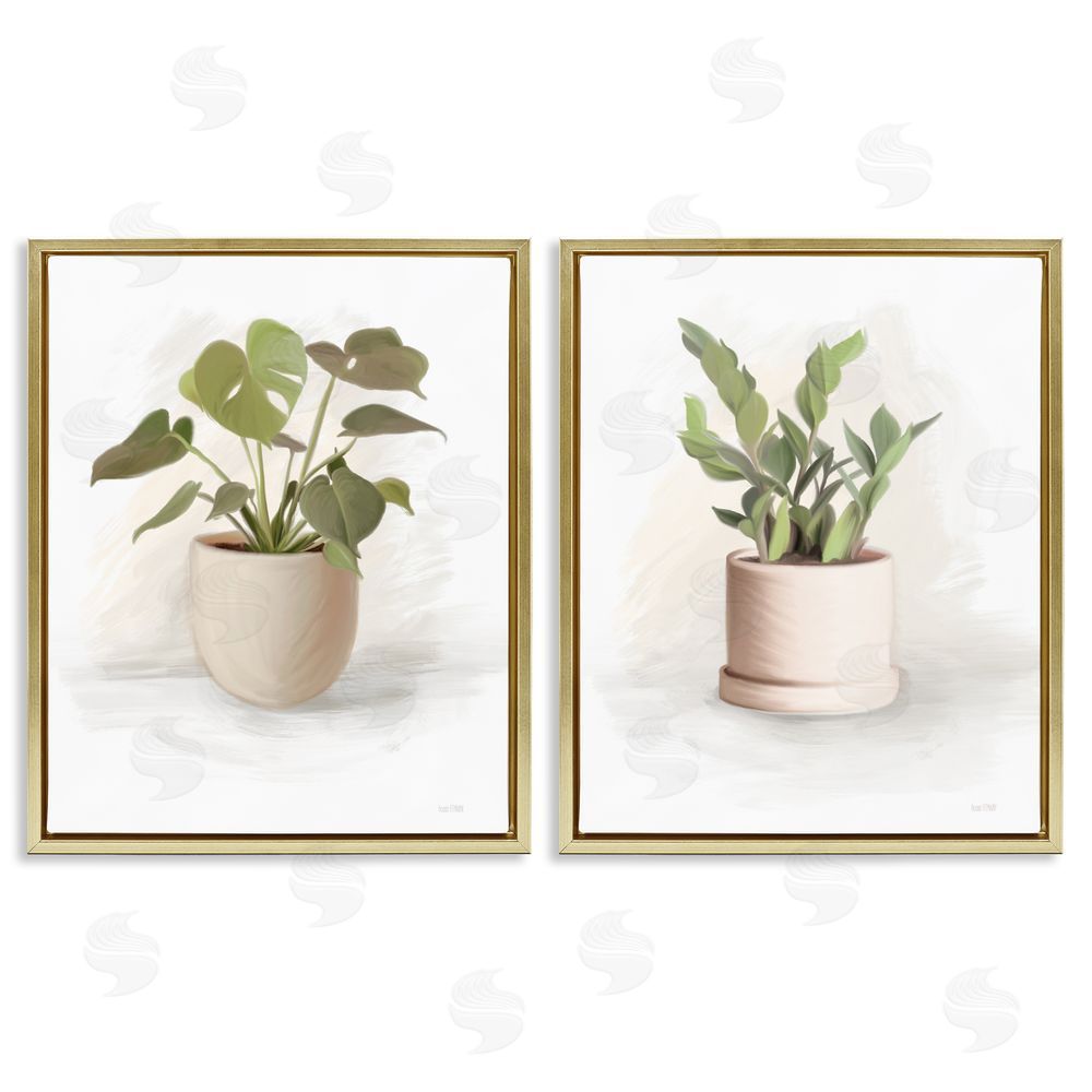 House Fenway Simple Cottage Potted Plants  Gold Floating Frame Canvas Wall Art Print
