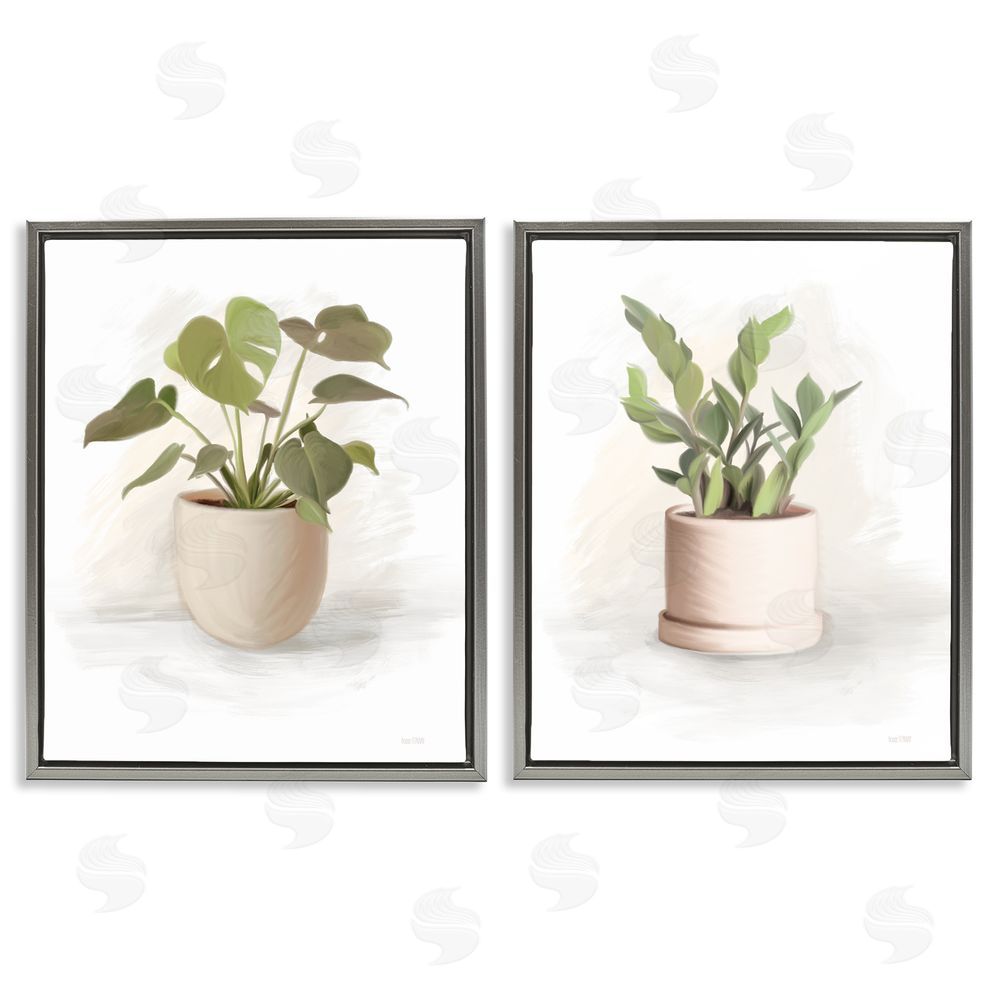 House Fenway Simple Cottage Potted Plants  Gray Floating Frame Canvas Wall Art Print