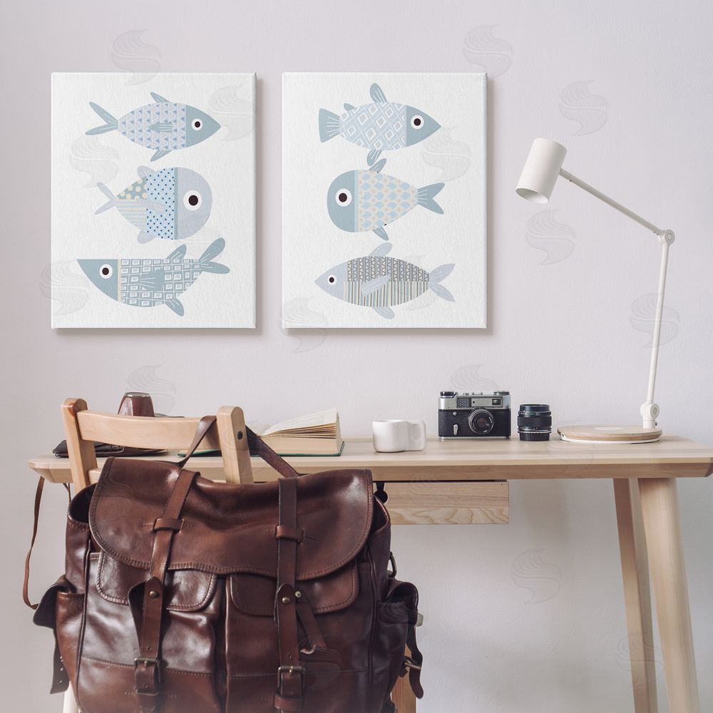 Kim Allen Whimsical Blue Patterned Fish  Canvas Wall Art Print in Room