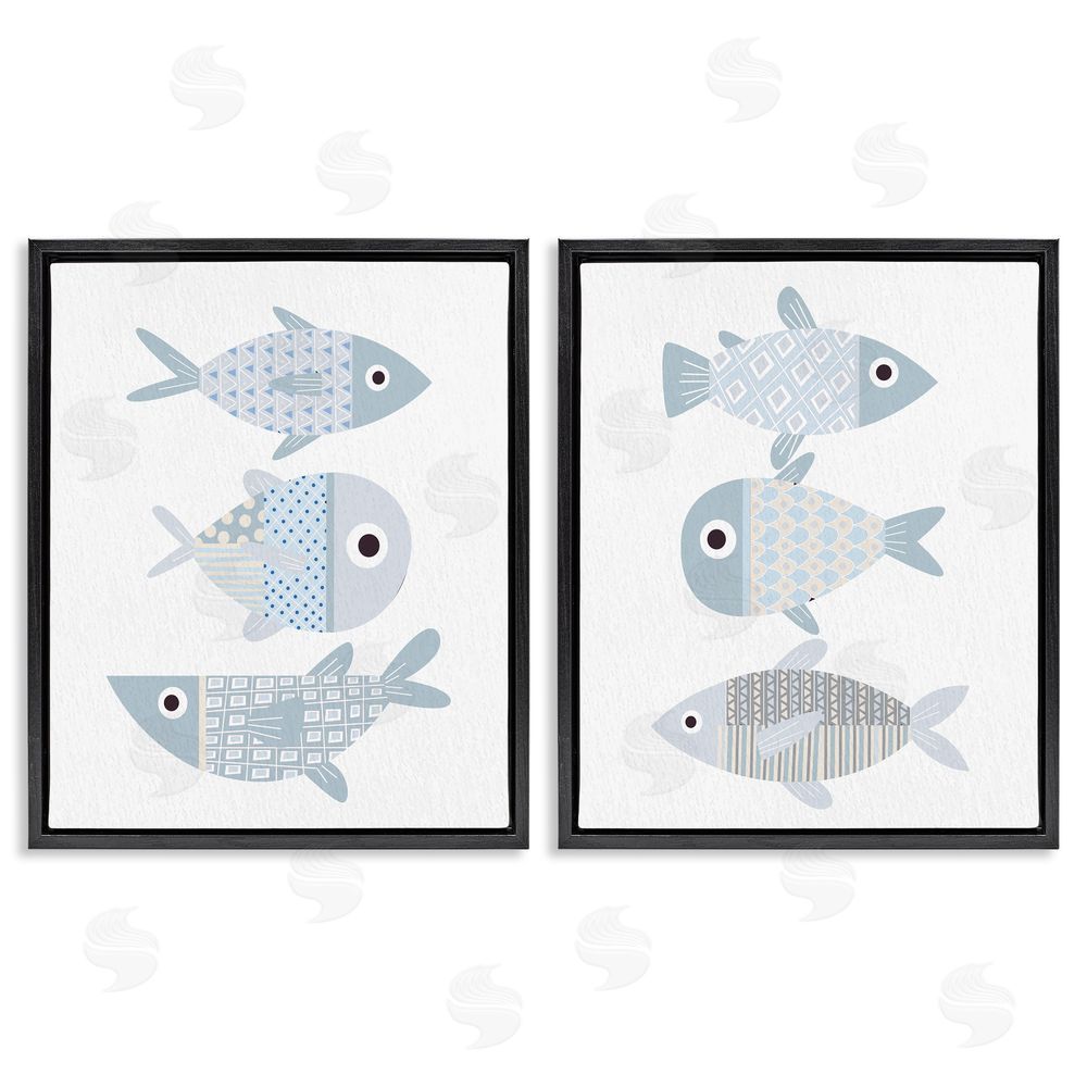 Kim Allen Whimsical Blue Patterned Fish  Black Floating Frame Canvas Wall Art Print