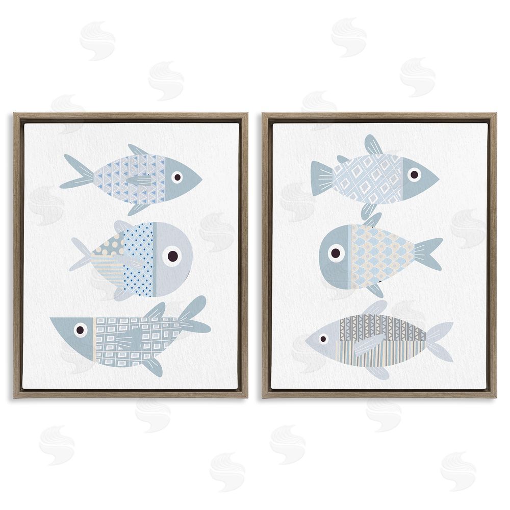Kim Allen Whimsical Blue Patterned Fish  Brown Floating Frame Canvas Wall Art Print