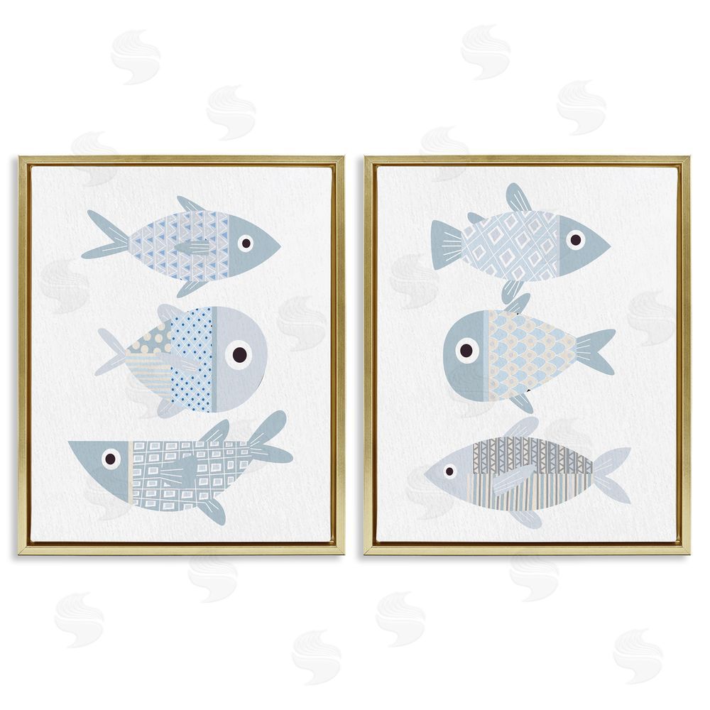Kim Allen Whimsical Blue Patterned Fish  Gold Floating Frame Canvas Wall Art Print