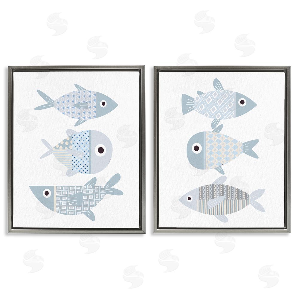 Kim Allen Whimsical Blue Patterned Fish  Gray Floating Frame Canvas Wall Art Print