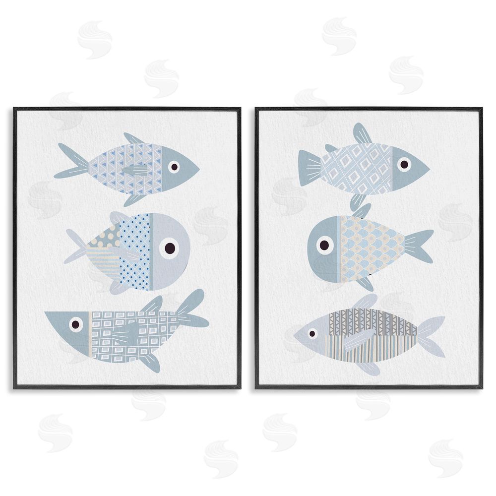 Kim Allen Whimsical Blue Patterned Fish  Black Framed Giclee Wall Art Print