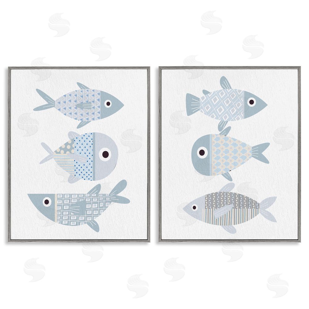 Kim Allen Whimsical Blue Patterned Fish  Gray Framed Giclee Wall Art Print