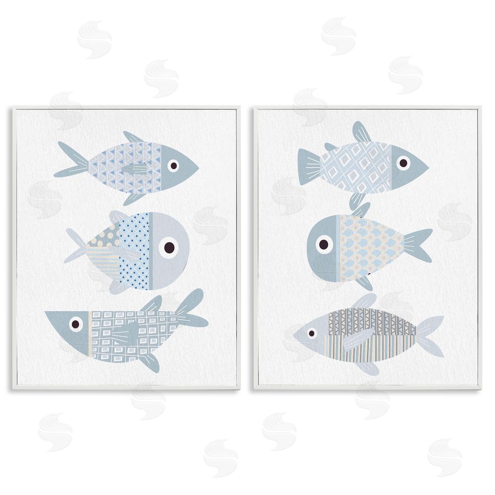 Kim Allen Whimsical Blue Patterned Fish  White Framed Giclee Wall Art Print