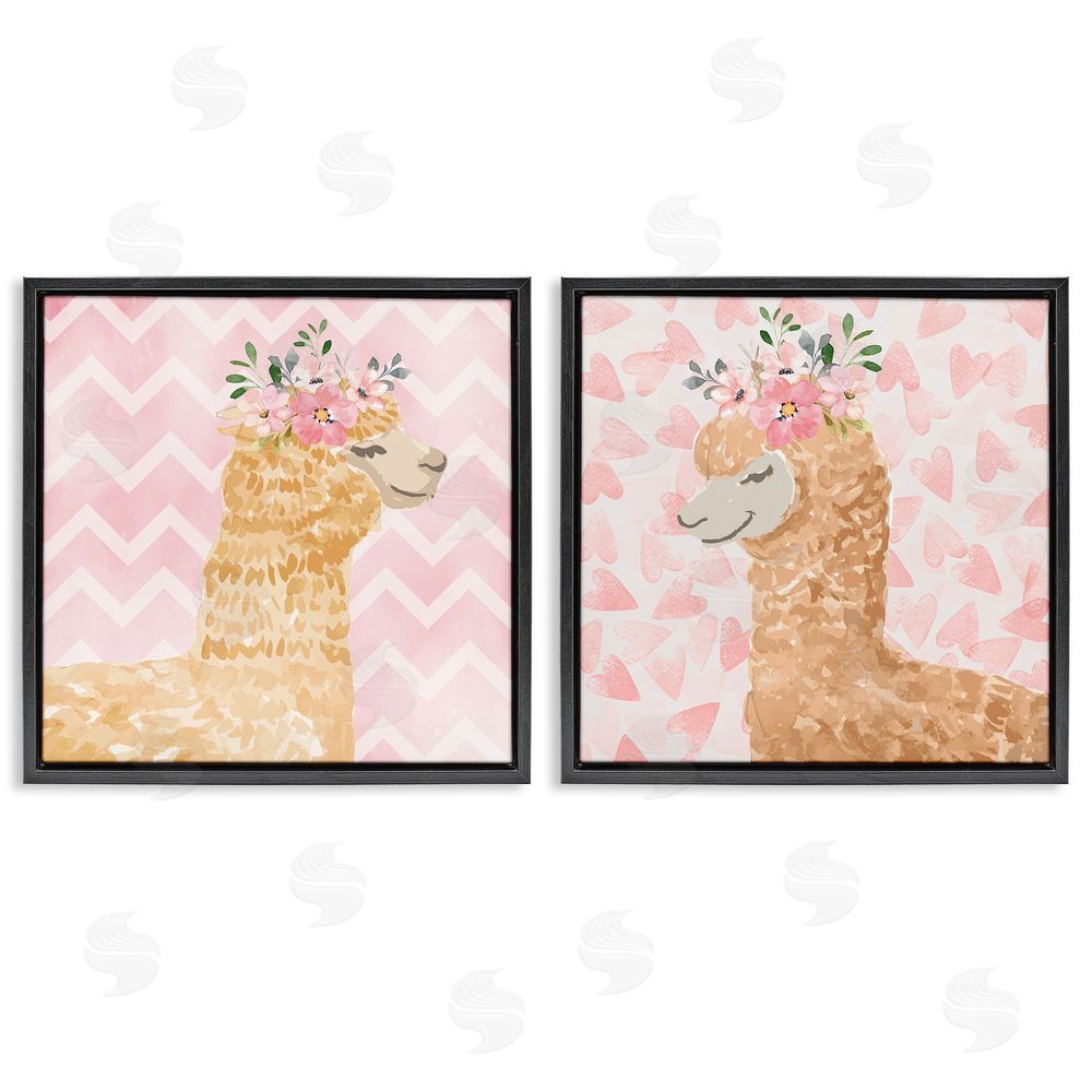Nicole DeCamp Flower Power Smiling Alpacas Black Floating Frame Canvas Wall Art Print