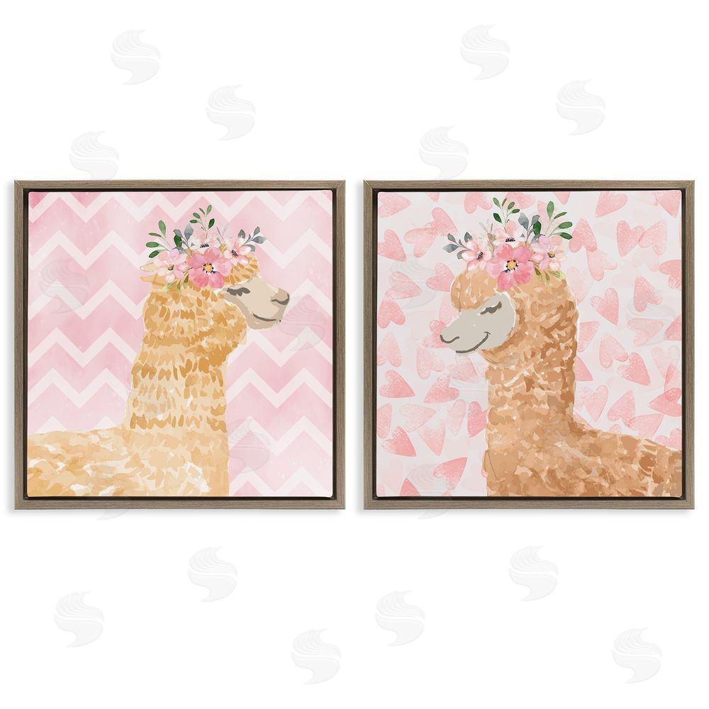 Nicole DeCamp Flower Power Smiling Alpacas Brown Floating Frame Canvas Wall Art Print