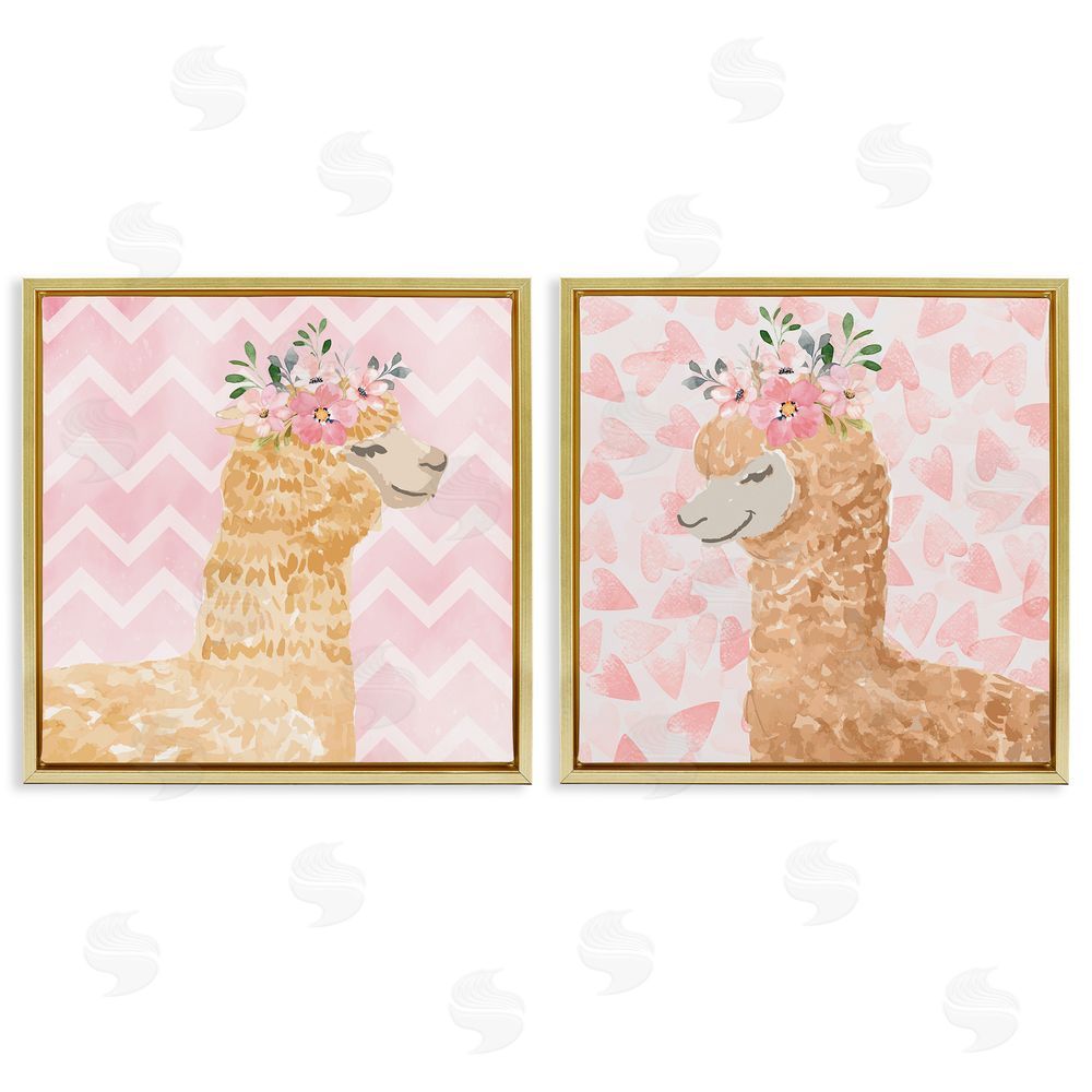 Nicole DeCamp Flower Power Smiling Alpacas Gold Floating Frame Canvas Wall Art Print