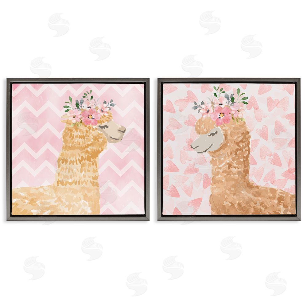Nicole DeCamp Flower Power Smiling Alpacas Gray Floating Frame Canvas Wall Art Print