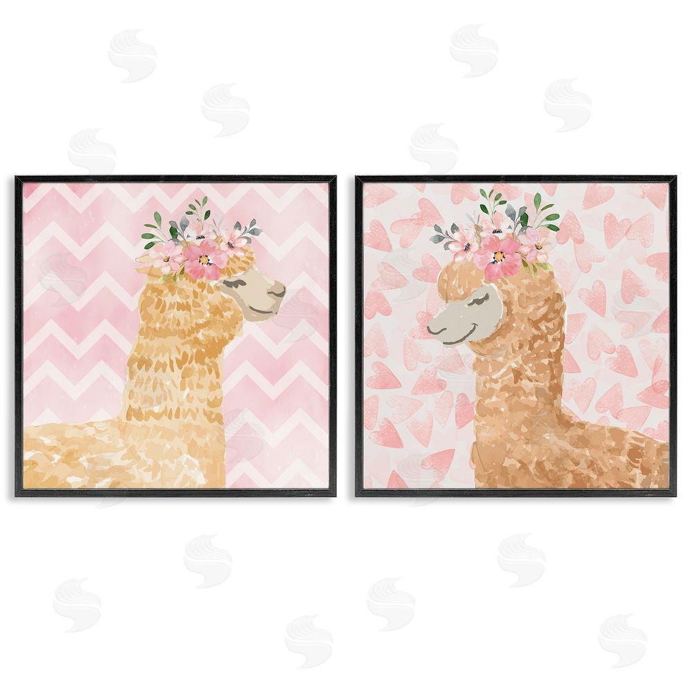 Nicole DeCamp Flower Power Smiling Alpacas Black Framed Giclee Wall Art Print