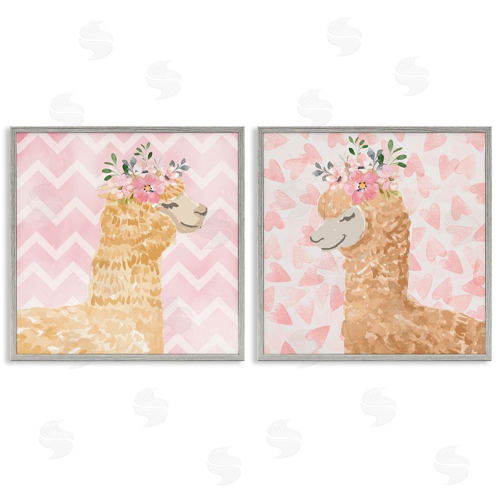Nicole DeCamp Flower Power Smiling Alpacas Gray Framed Giclee Wall Art Print