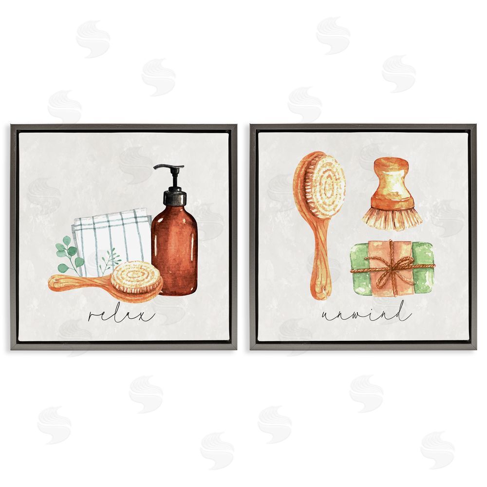 Nicole DeCamp Relax Unwind Bathroom Spa Gray Floating Frame Canvas Wall Art Print