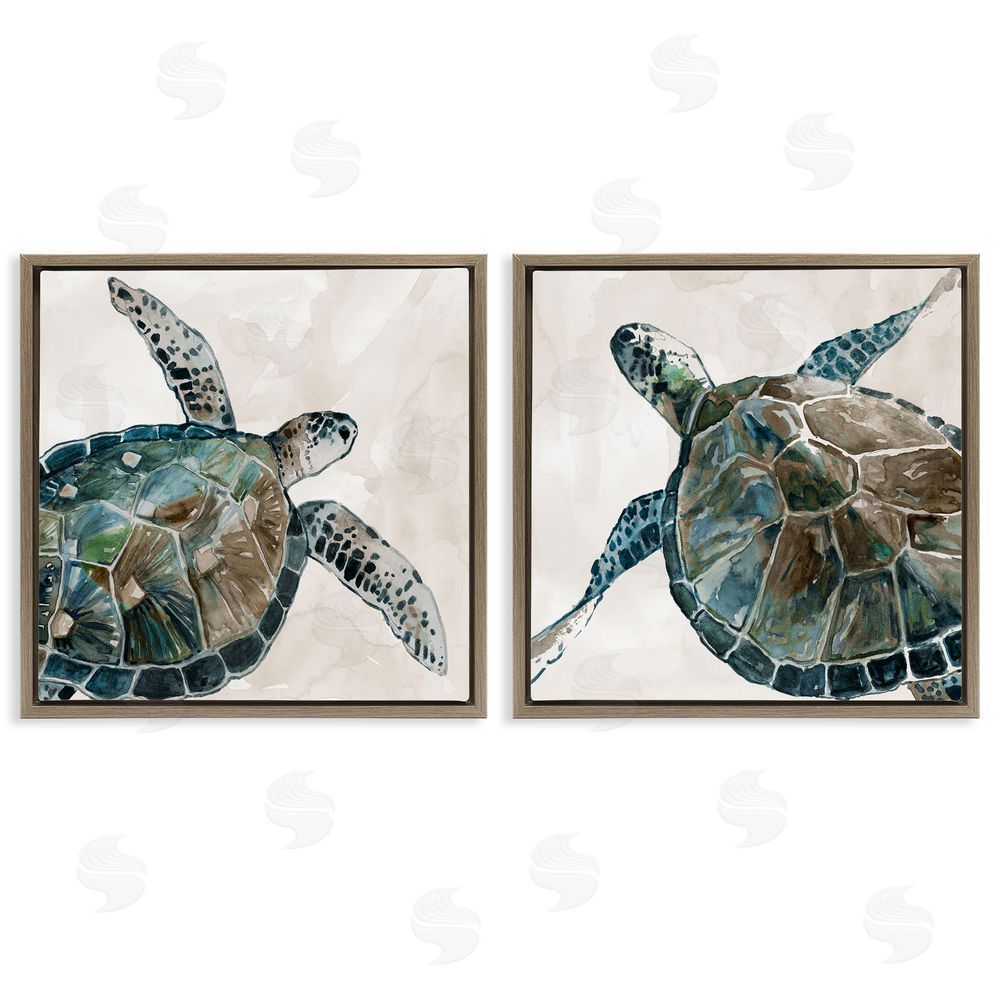 Carol Robinson Aquatic Sea Turtles Swimming Brown Floating Frame Canvas Wall Art Print