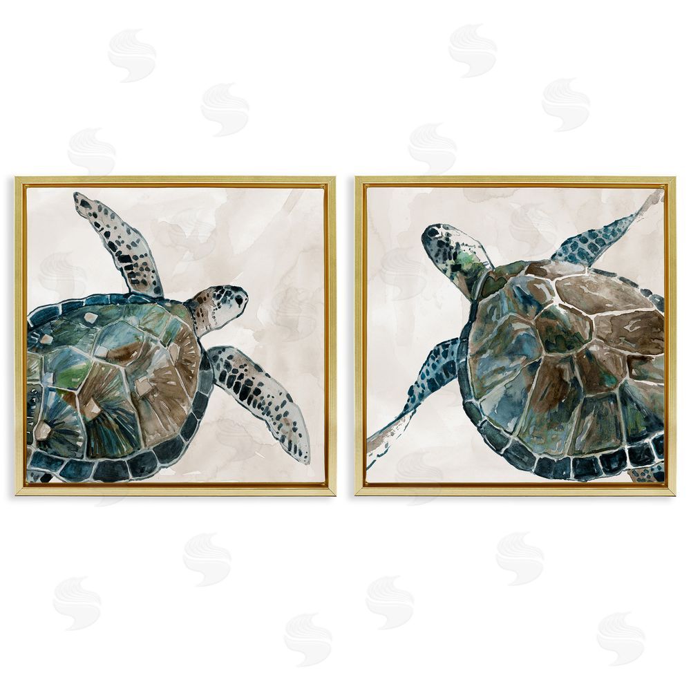 Carol Robinson Aquatic Sea Turtles Swimming Gold Floating Frame Canvas Wall Art Print