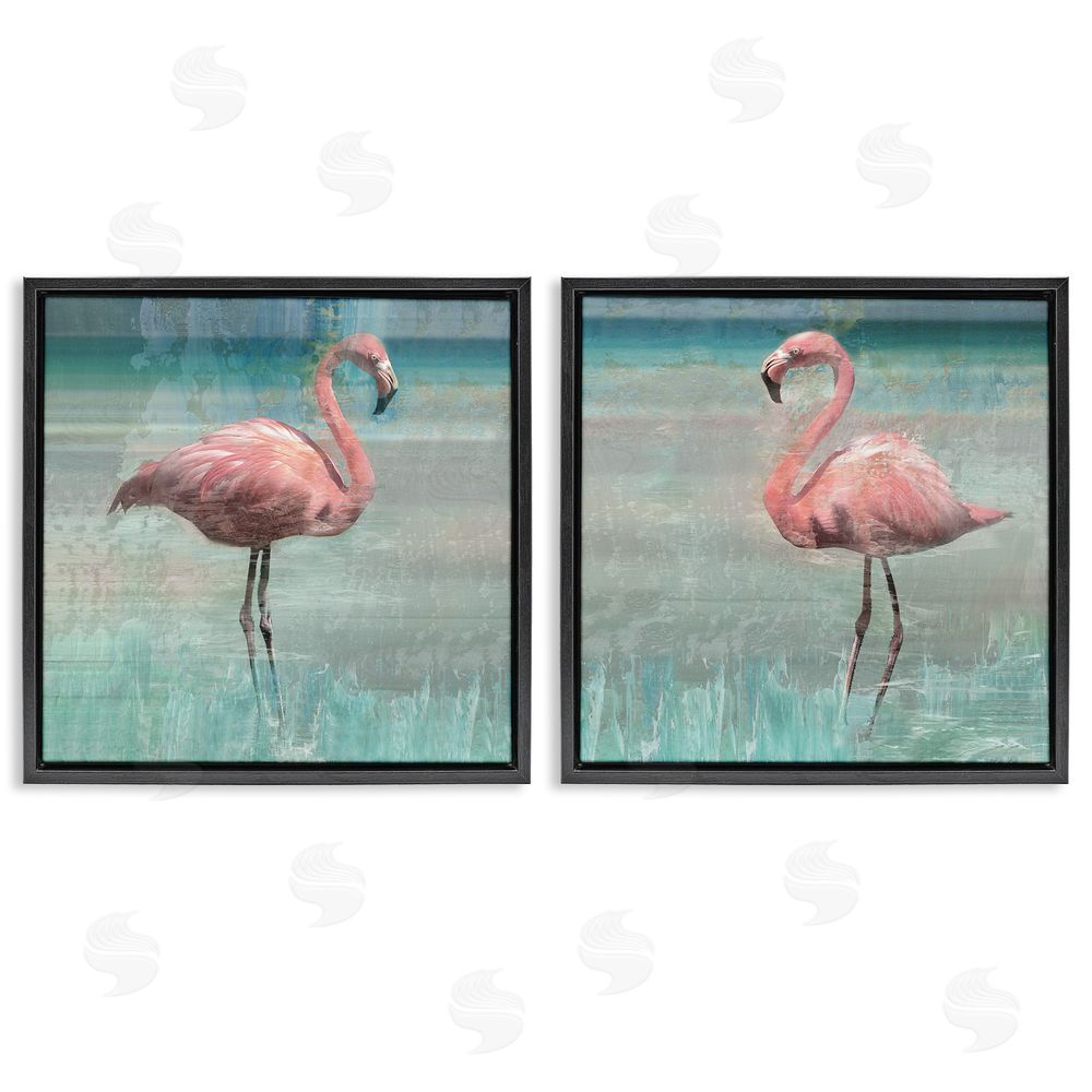 Nan Tropical Flamingoes Grazing Black Floating Frame Canvas Wall Art Print