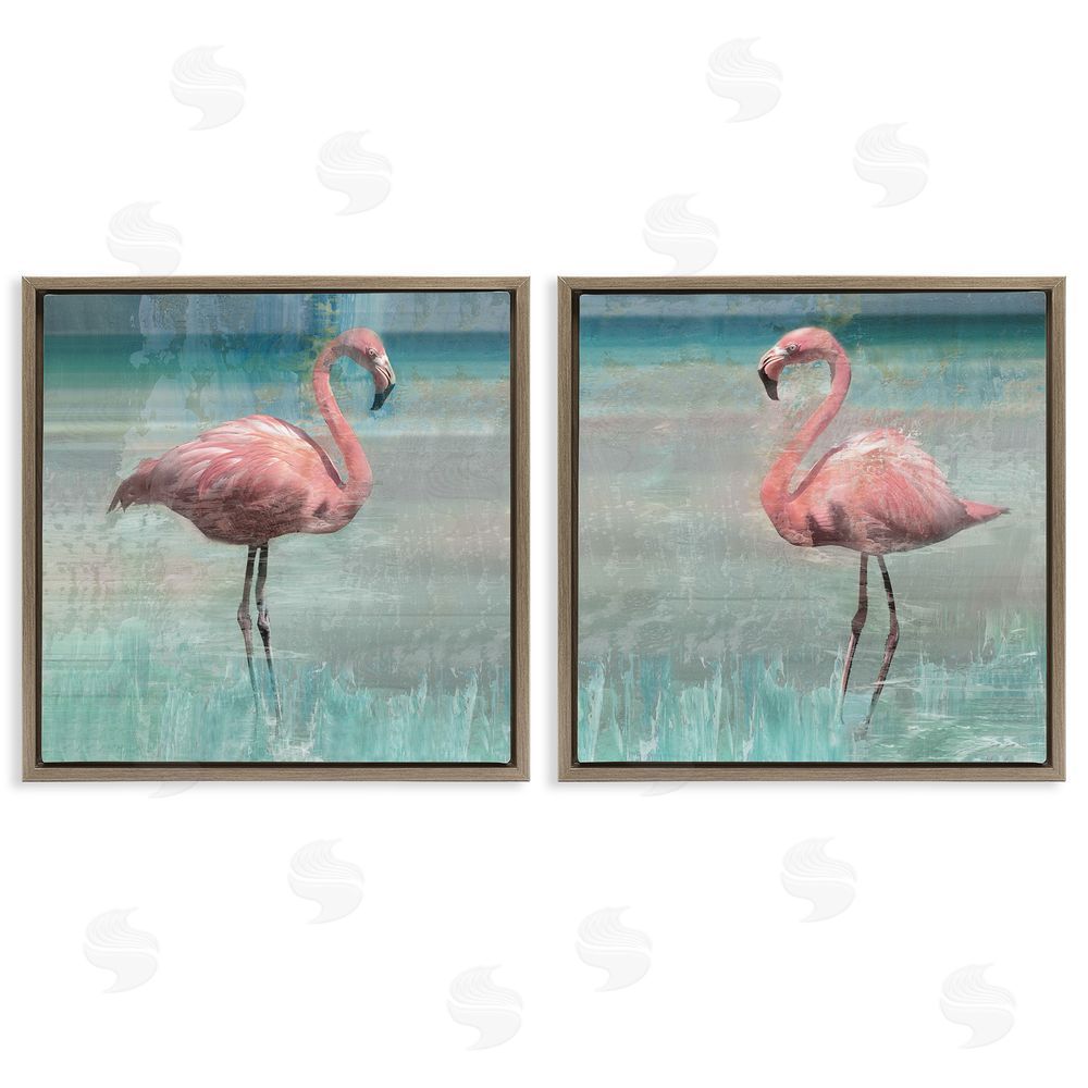 Nan Tropical Flamingoes Grazing Brown Floating Frame Canvas Wall Art Print