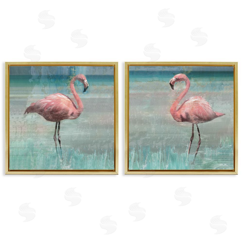 Nan Tropical Flamingoes Grazing Gold Floating Frame Canvas Wall Art Print