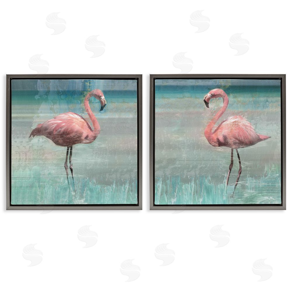 Nan Tropical Flamingoes Grazing Gray Floating Frame Canvas Wall Art Print