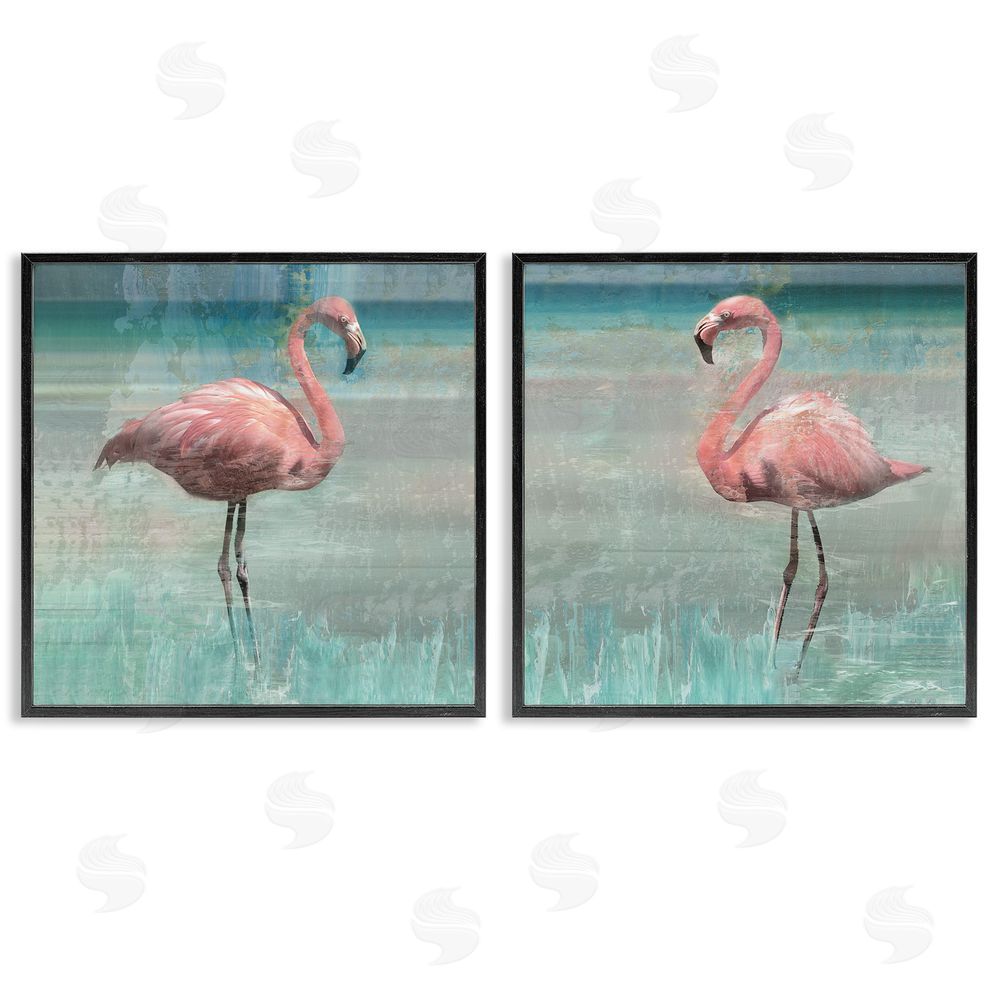 Nan Tropical Flamingoes Grazing Black Framed Giclee Wall Art Print