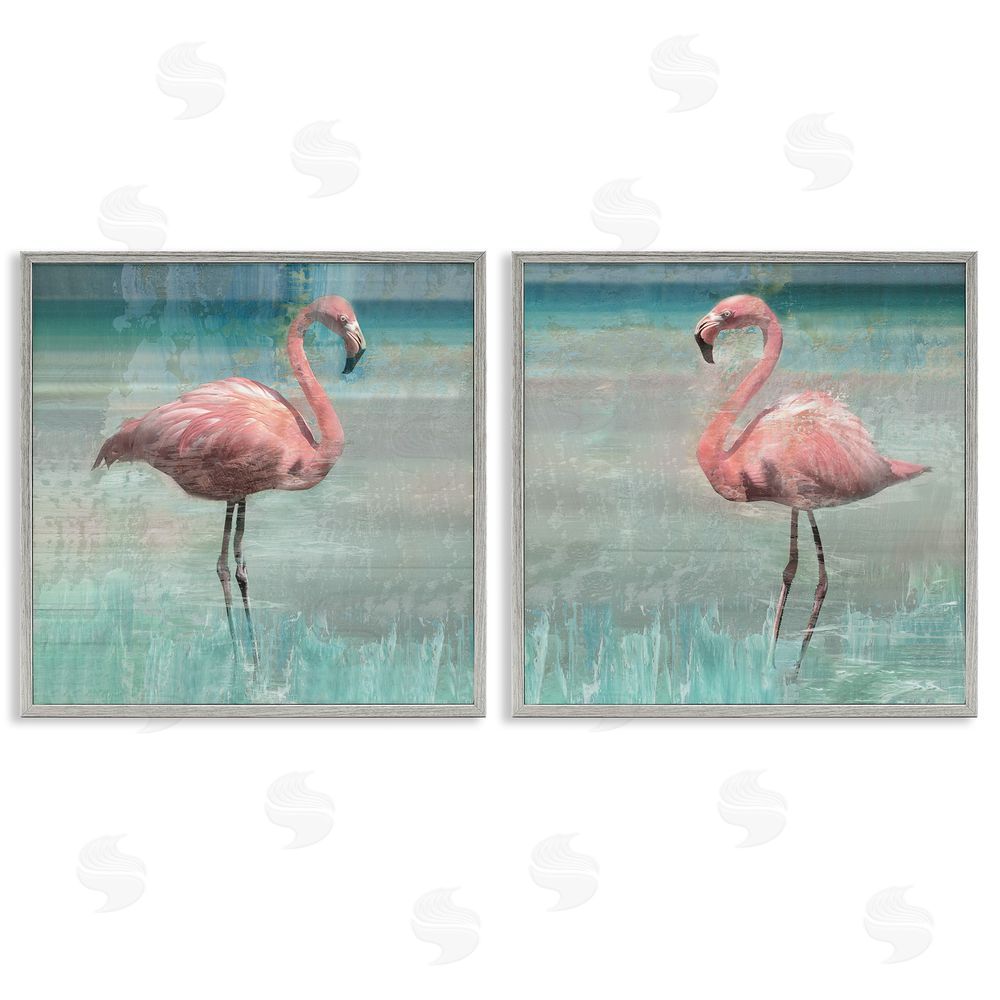 Nan Tropical Flamingoes Grazing Gray Framed Giclee Wall Art Print