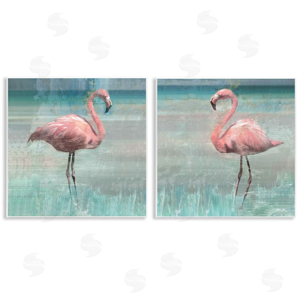 Nan Tropical Flamingoes Grazing Wooden Wall Plaque Art Print