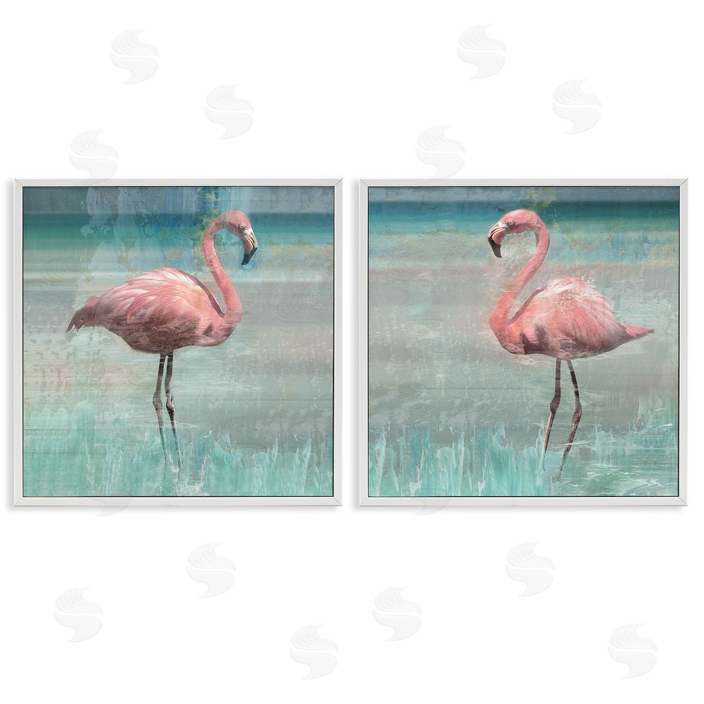 Nan Tropical Flamingoes Grazing White Framed Giclee Wall Art Print