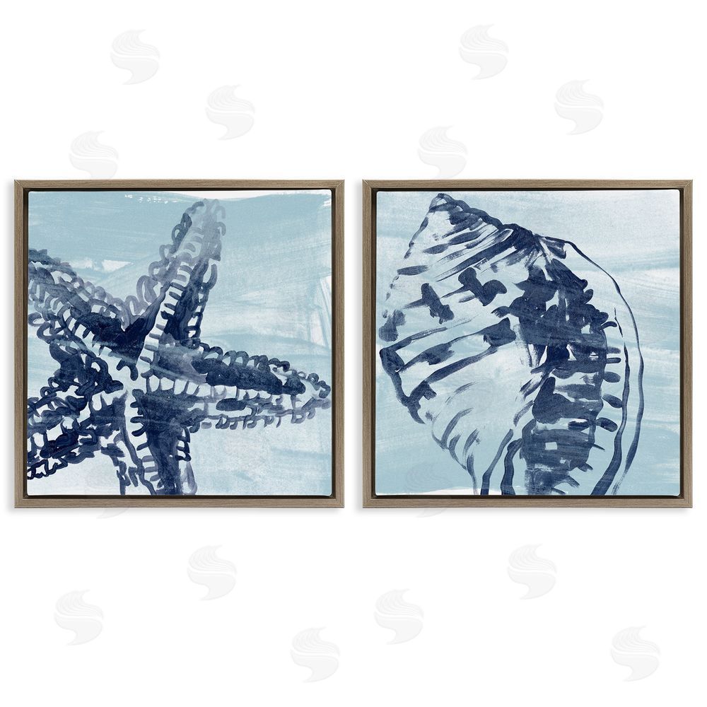 June Erica Vess Sea Life Starfish Arrangement Brown Floating Frame Canvas Wall Art Print