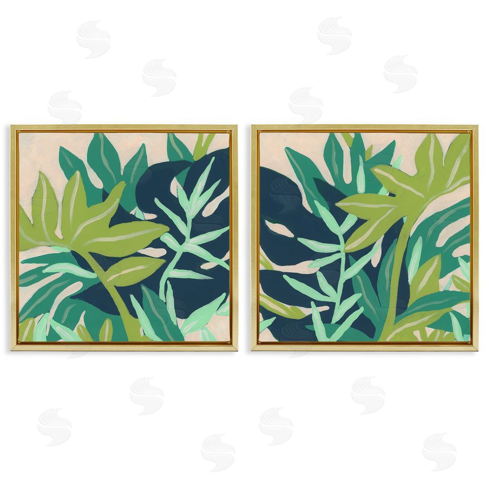 June Erica Vess Layered Tropical Botanical Leaves  Gold Floating Frame Canvas Wall Art Print