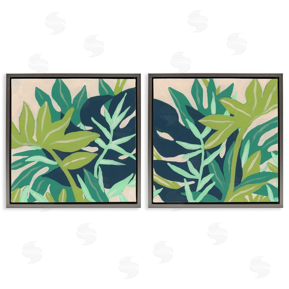 June Erica Vess Layered Tropical Botanical Leaves  Gray Floating Frame Canvas Wall Art Print