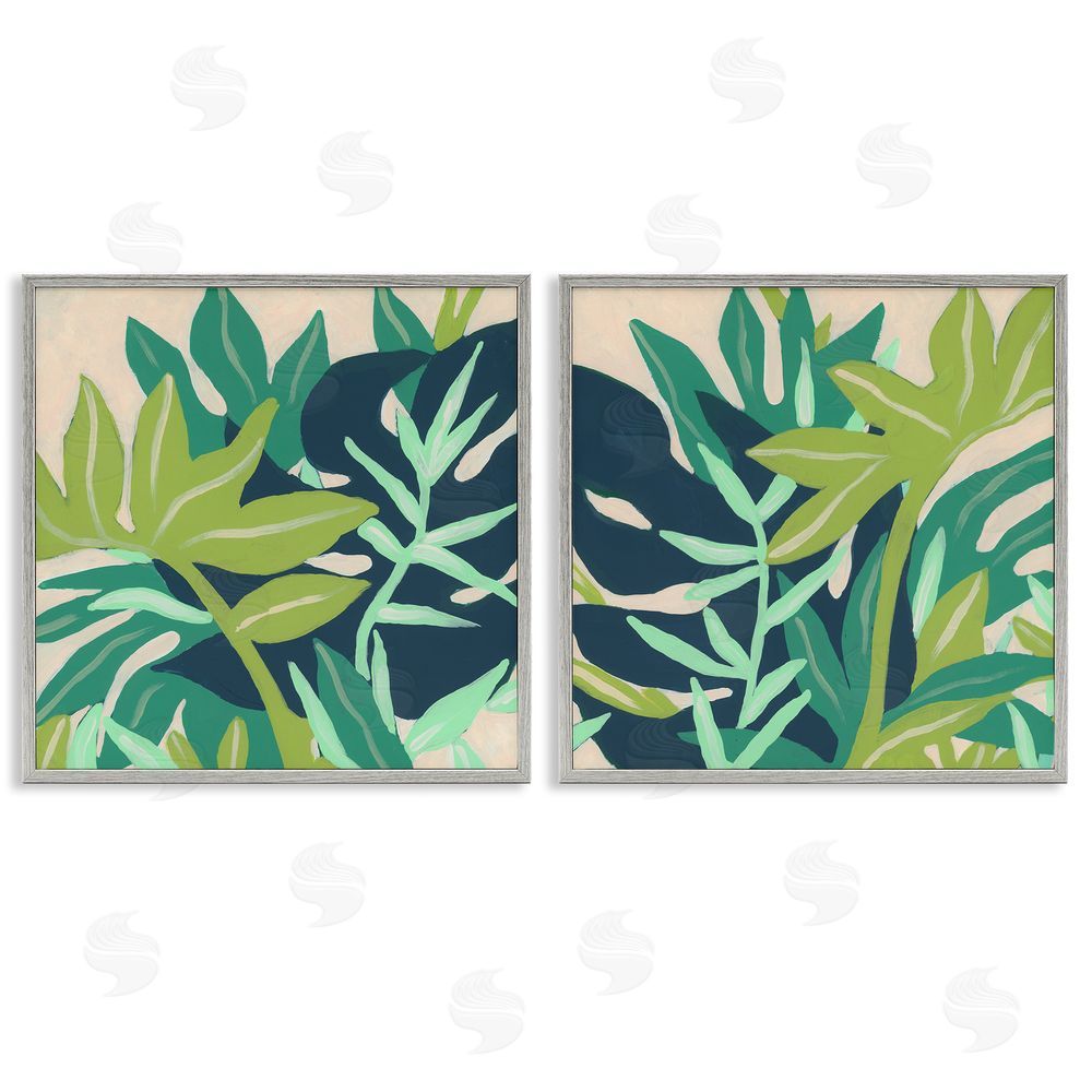 June Erica Vess Layered Tropical Botanical Leaves  Gray Framed Giclee Wall Art Print