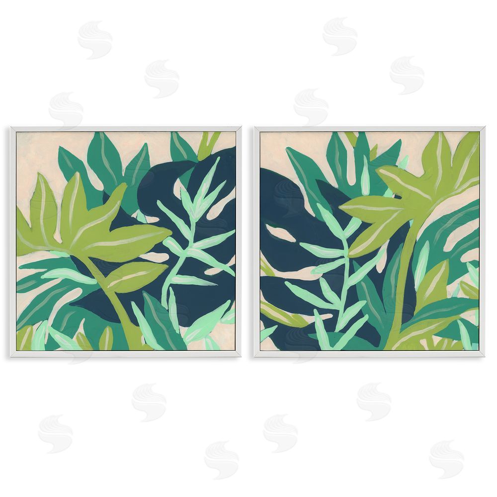 June Erica Vess Layered Tropical Botanical Leaves  White Framed Giclee Wall Art Print