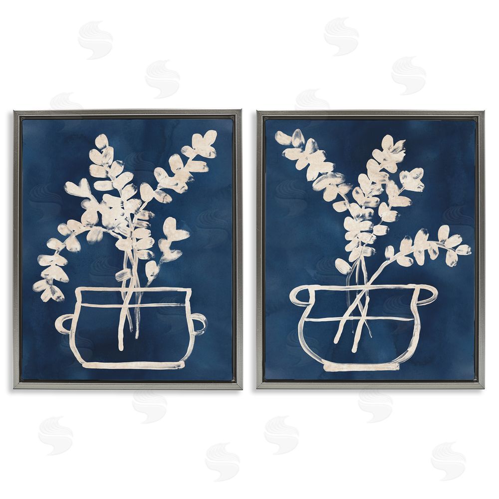 June Erica Vess Contemporary Herbs Botanical Vase  Gray Floating Frame Canvas Wall Art Print