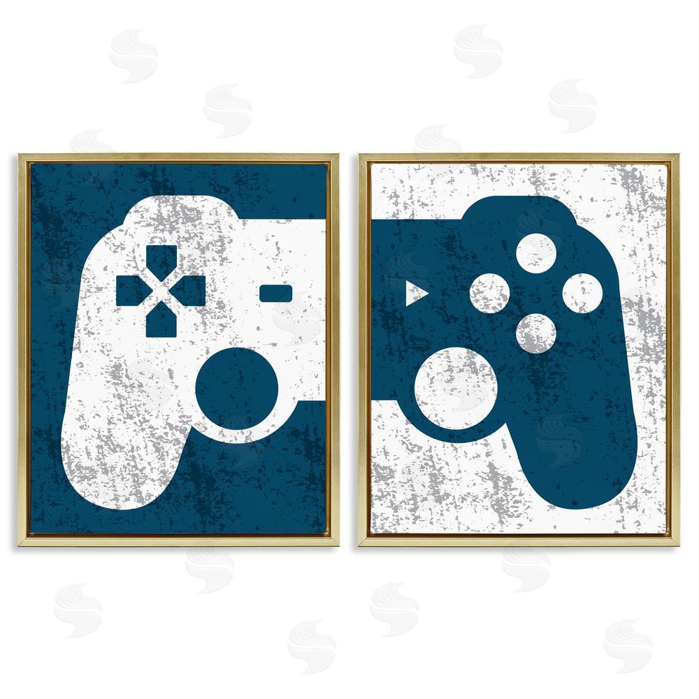 Kim Allen Video Gaming Controller Silhouette Gold Floating Frame Canvas Wall Art Print