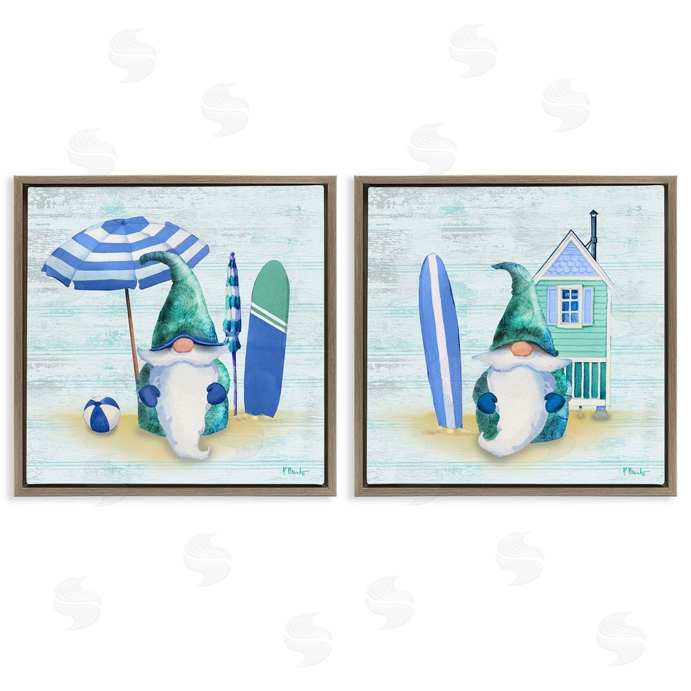 Paul Brent Nautical Gnomes Beach Surfboards Brown Floating Frame Canvas Wall Art Print