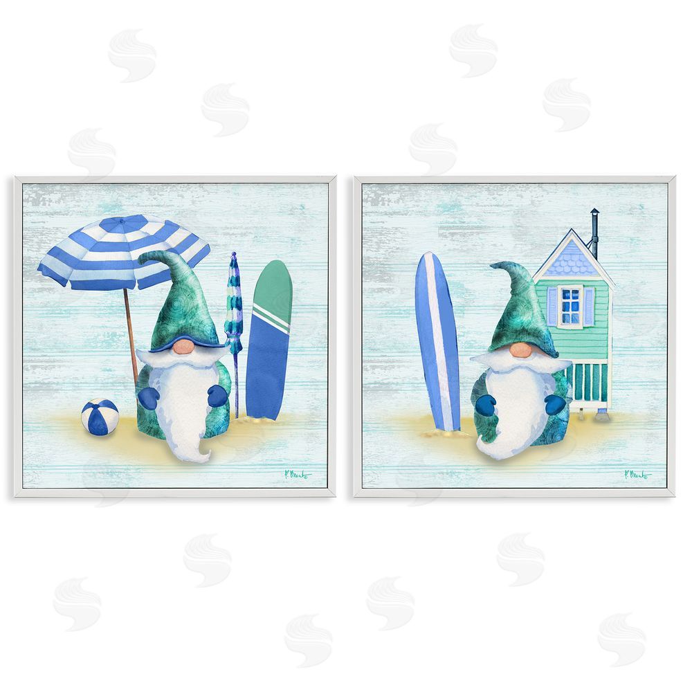 Paul Brent Nautical Gnomes Beach Surfboards White Framed Giclee Wall Art Print