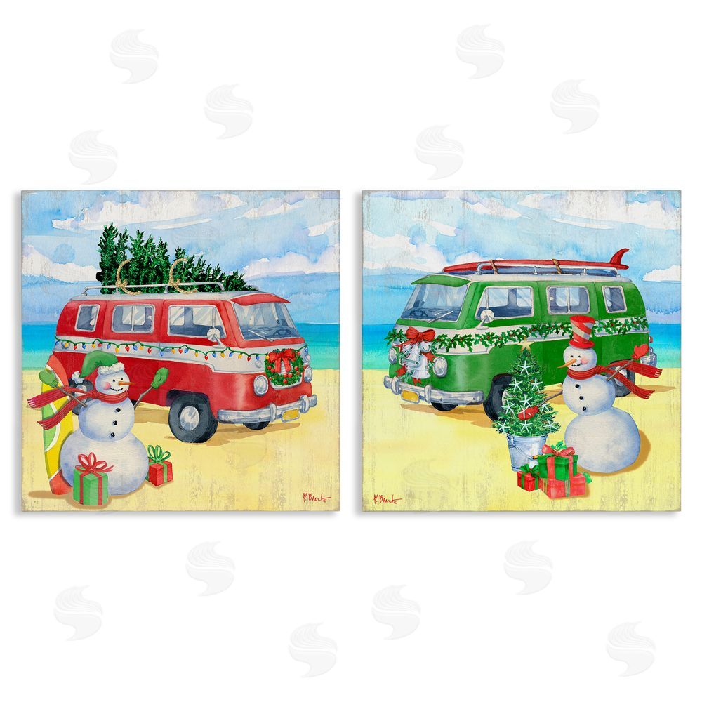 Paul Brent Coastal Christmas Holiday Beach Snowmen  Canvas Wall Art Print