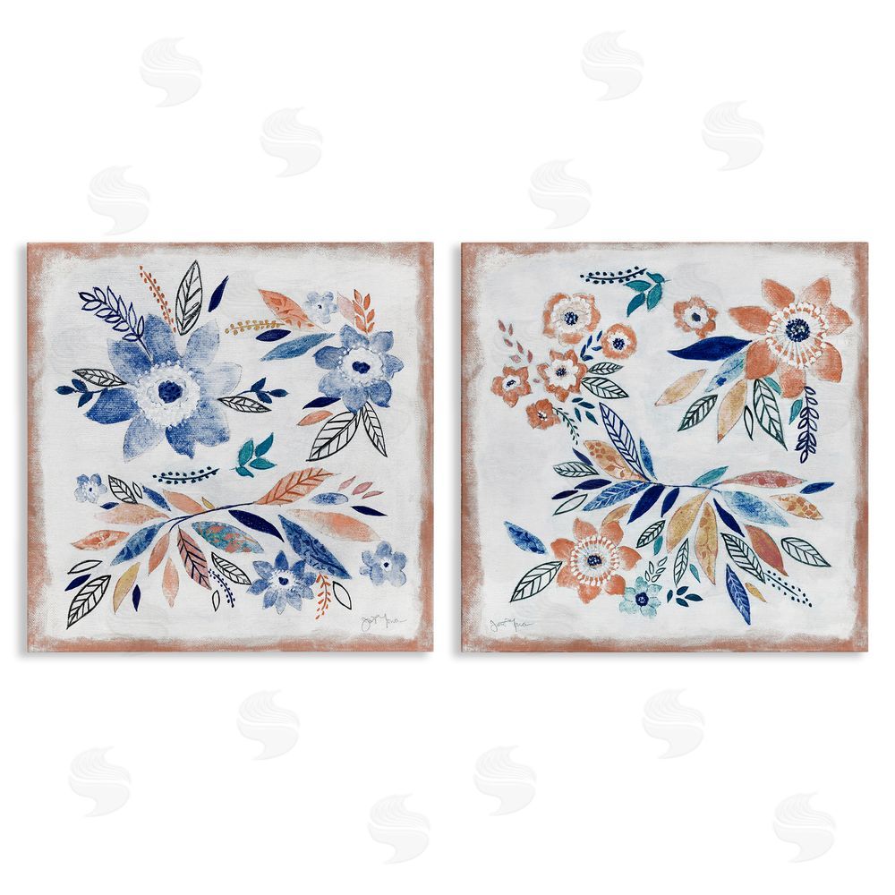 Janet Tava Abstract Farmhouse Flowers and Leaves Canvas Wall Art Print