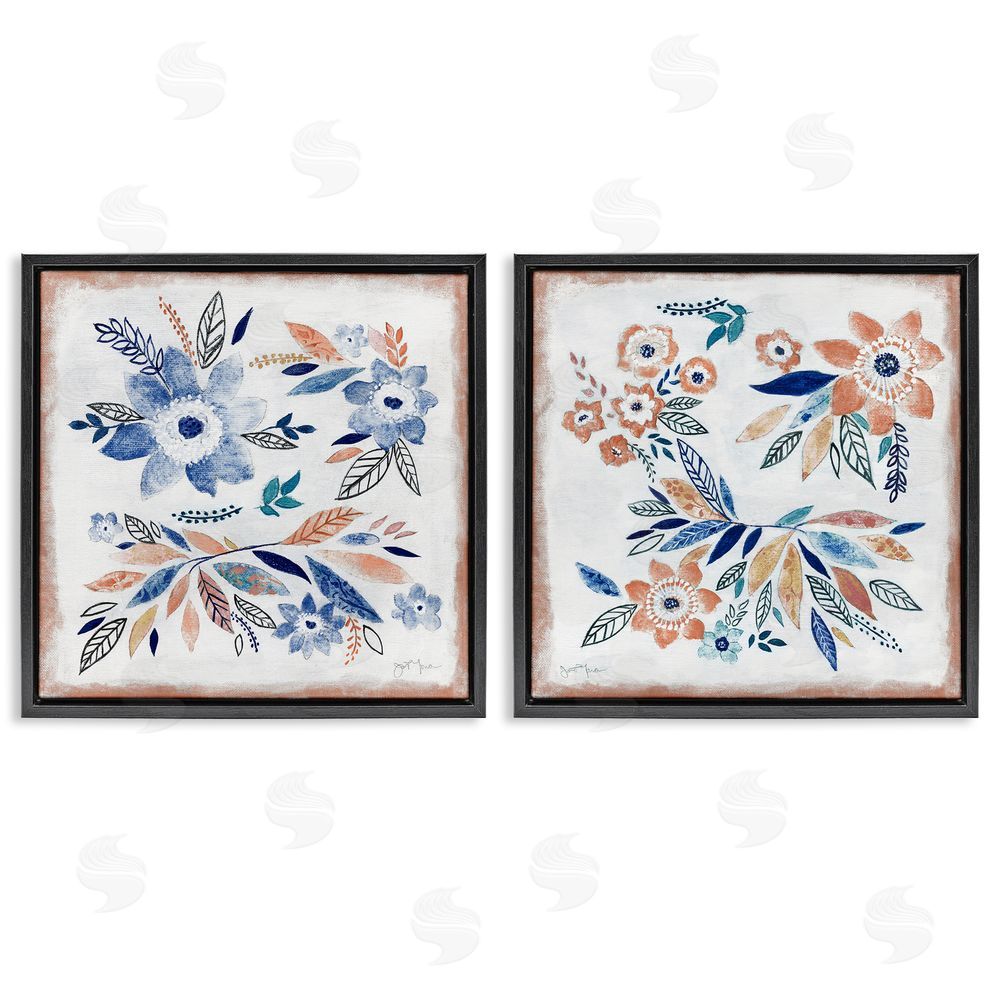 Janet Tava Abstract Farmhouse Flowers and Leaves Black Floating Frame Canvas Wall Art Print